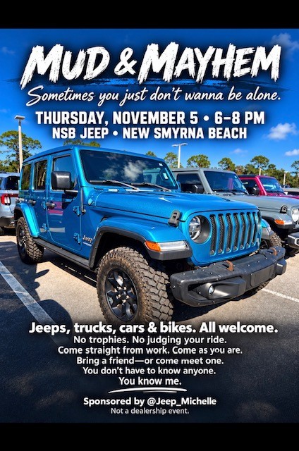 Mud & Mayhem flyer: Thursday, November 5, 6 to 8 PM. Jeeps, trucks, cars & bikes, all welcome.